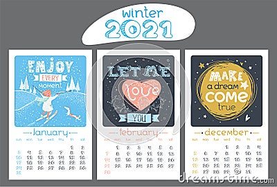 Calendar design for 2021 year. Winter Vector Illustration
