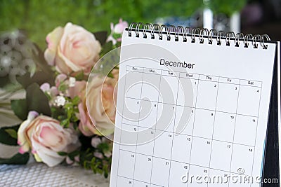 Calendar desk on table. Desktop Calender for Planner to plan wedding agenda, timetable, appointment, organization, management each Stock Photo