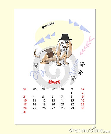 Calendar 2019 Dog sketch Vector Illustration