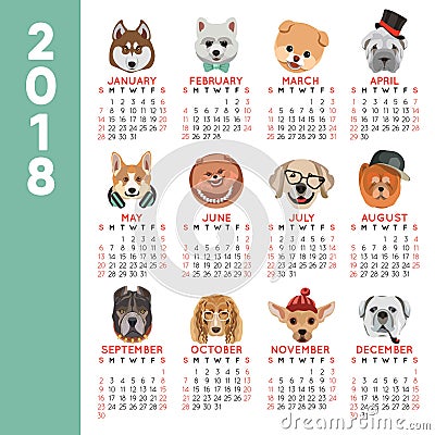 2018 calendar dog year breed cartoon pet icons month vector design template Vector Illustration