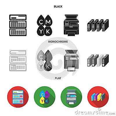 Calendar, drops of paint, cartridge, multifunction printer. Typography set collection icons in black, flat, monochrome Vector Illustration