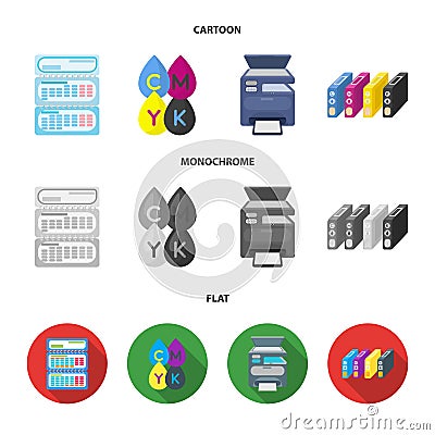 Calendar, drops of paint, cartridge, multifunction printer. Typography set collection icons in cartoon,flat,monochrome Vector Illustration