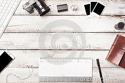 Calendar with empty schedule on photographer desk with white wood boards Stock Photo