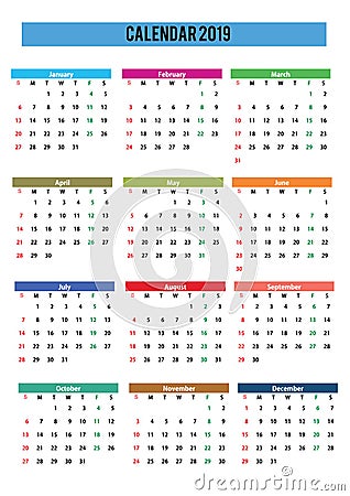 2019 calendar english language Stock Photo