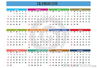 2019 calendar landscape english language Stock Photo