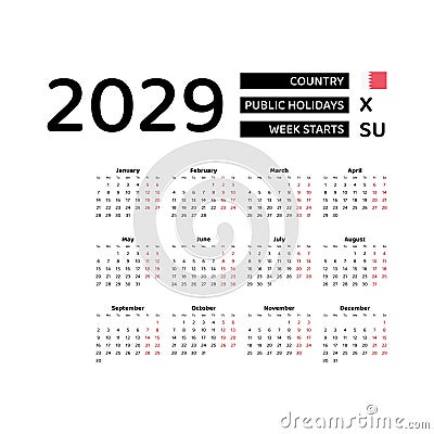 Calendar 2029 English language with Bahrain public holidays. Vector Illustration