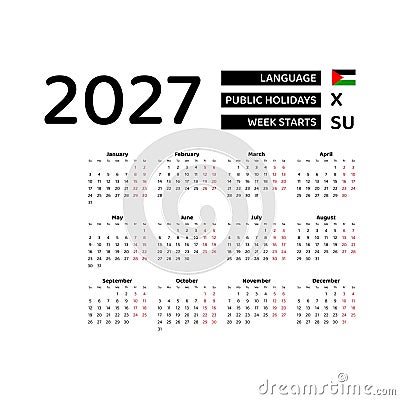 Calendar 2027 English language with Palestine public holidays. Vector Illustration