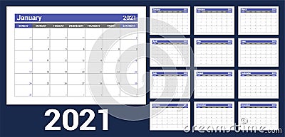 2021 calendar. English planner. Ð¡olor vector template. Week starts on Sunday. Business planning. New year calender. Clean minimal Vector Illustration