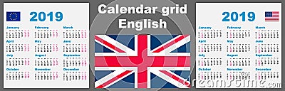 Calendar english 2019 Set grid wall ISO 8601 Illustration template with week numbering. Vector illustration Vector Illustration