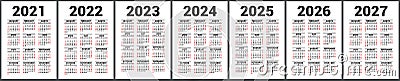 Calendar 2021, 2022, 2023 and 2024, 2025, 2026 and 2027. English vector set. Vertical wall or pocket calender template. Design Vector Illustration