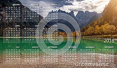 Calendar 2018 in English. Week starts on sunday. Mountains panorama landscape in Italy Stock Photo