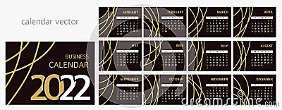 Calendar 2022 is fashionable and modern. On a black and gray background with gold lines. A set of desktop calendars for Vector Illustration