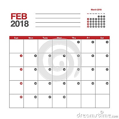 Calendar for February 2018 Vector Illustration