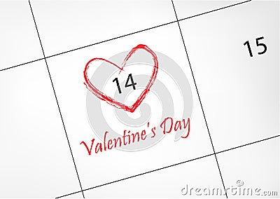 Calendar with 14 february Valentines day date circled in red heart shape, vector illustration Vector Illustration