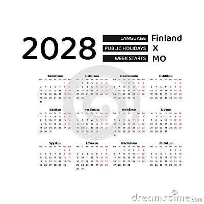 Calendar 2028 Finnish language with Finland public holidays. Vector Illustration