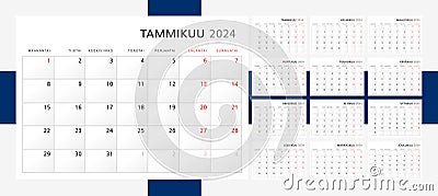 Calendar 2024 in Finnish Language. Wall calendar for 2024 in classic minimalist style. Week starts on Monday. Set of 12 months. Vector Illustration