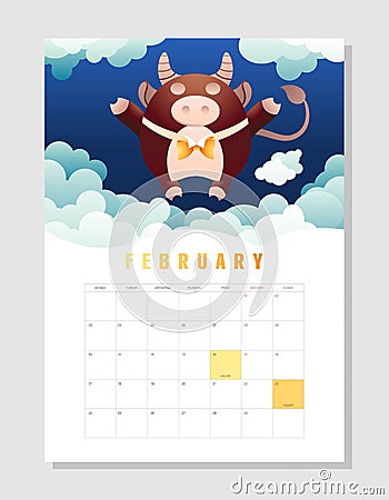 Calendar 2021 A4 format on February, month planner. Funny cow, zodiac symbol of 2021. Cute fortunate bull, cheerful ox Vector Illustration