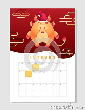 Calendar 2021 A4 format on January, month planner. Funny winter cow, symbol of 2021. Cute bull winks, cheerful ox Vector Illustration