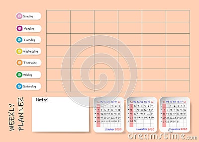 Calendar for fourth quarter of 2020 year in green color Vector Illustration