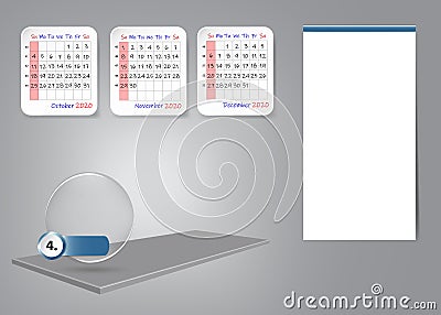 Calendar for fourth quarter of 2020 year template on 3d table Vector Illustration