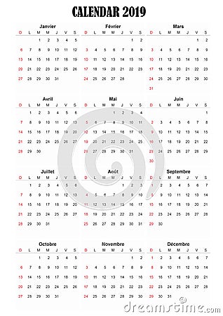 2019 calendar frnch language Stock Photo