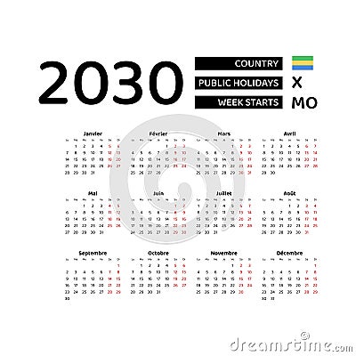 Calendar 2030 French language with Gabon public holidays. Vector Illustration