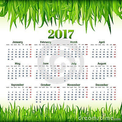 Calendar for 2017 with fresh green grass background vector Vector Illustration