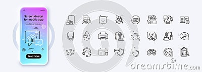 Calendar, Friends chat and Software bug line icons for web app. Pictogram icon. Phone mockup gradient screen. Vector Stock Photo