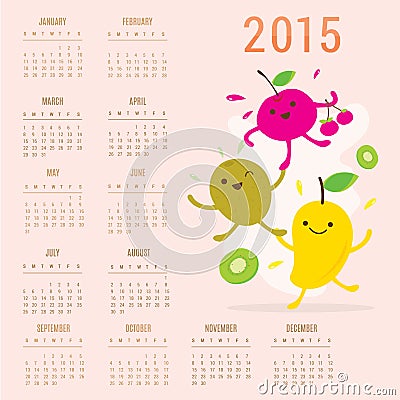 Calendar 2015 Fruit Cute Cartoon Mango Cherry Kiwi Vector Vector Illustration