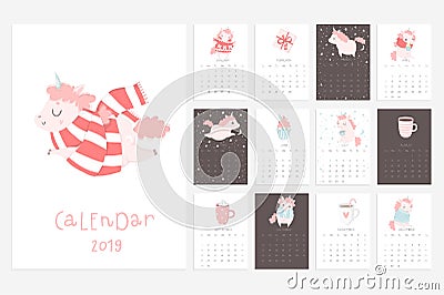 Calendar 2019. Fun and cute calendar with hand drawn unicorns Vector Illustration