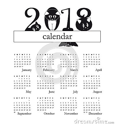 2018 calendar with funny cats as digits - week starts on Sunday Vector Illustration