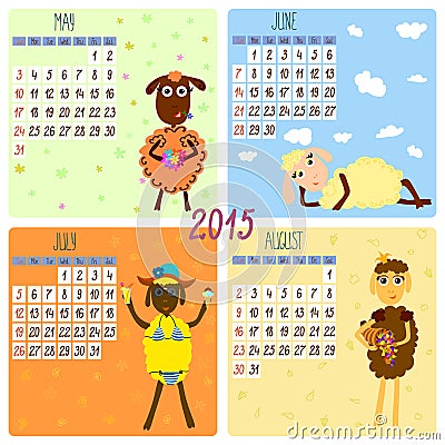 2015 calendar with funny sheep. Summer Vector Illustration