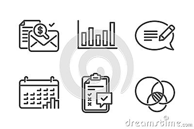 Calendar graph, Column chart and Accounting report icons set. Message, Checklist and Euler diagram signs. Vector Vector Illustration