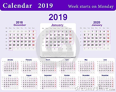 Calendar grid for 2019 in English language. Wall template in blue. Week starts from Monday and from December of previous year 2018 Vector Illustration