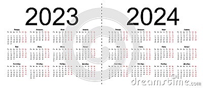 Calendar grid for 2023 and 2024 years. Simple horizontal template in Russian language Vector Illustration