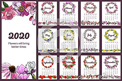 Calendar 2020 with hand drawn different flowers in sketch style. Set with floral wreaths and endless brushes for 12 month. Vector Illustration