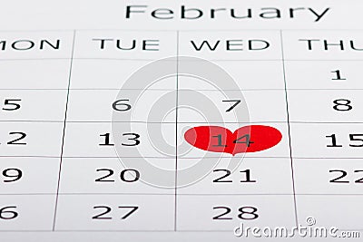 Calendar holiday February 14th is highlighted in Stock Photo