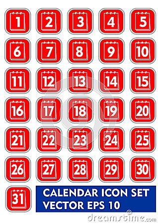 Calendar icon set in red and white design. Vector Illustration