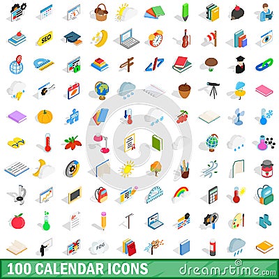 100 calendar icons set, isometric 3d style Vector Illustration