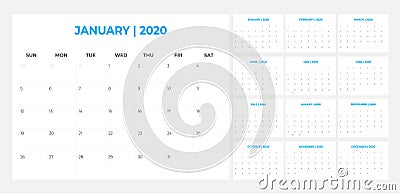 2020 Calendar - illustration. Template. Mock up Vector Illustration