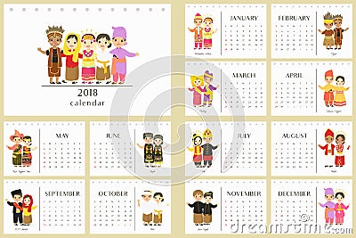 2018 Calendar, Indonesian Traditional Clothes Cartoon Vector Vector Illustration