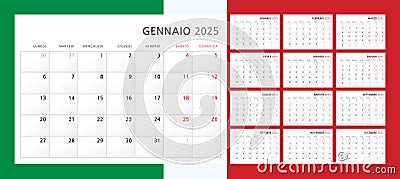 Calendar 2025 in Italian. Wall quarterly calendar for 2024 in a classic minimalist style. Week starts on Monday. Set of 12 months Vector Illustration