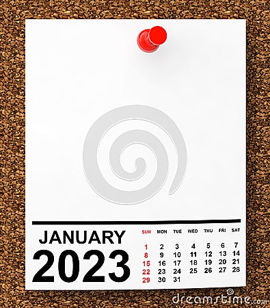 Calendar January 2023 on Blank Note Paper. 3d Rendering Stock Photo