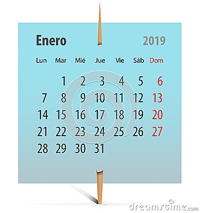 Calendar 2019 for January in Spanish Vector Illustration