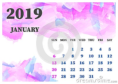 Calendar January 2019 watercolor vector illustration. Layers grouped for easy editing illustration. For your design Vector Illustration