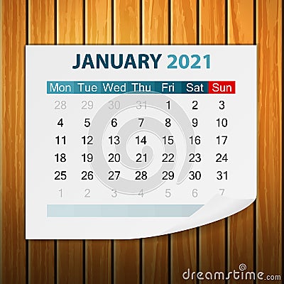 Calendar January 2021 on wood Vector Illustration