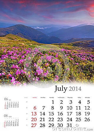 2014 Calendar. July. Stock Photo