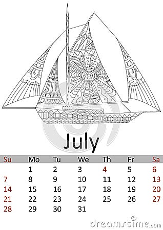 Calendar July month 2019. Antistress coloring water transport, ship of pirates, sailboat patterns. Raster Cartoon Illustration