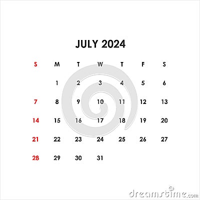 Calendar for July 2024. The week starts on Sunday. Vector Illustration