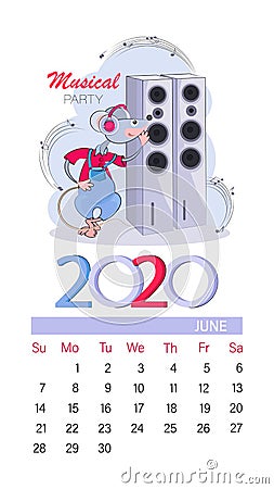 Calendar 2020. June. Funny little mouse musician. Music party. DJ Speaker System. Entertainment show. Vector Illustration